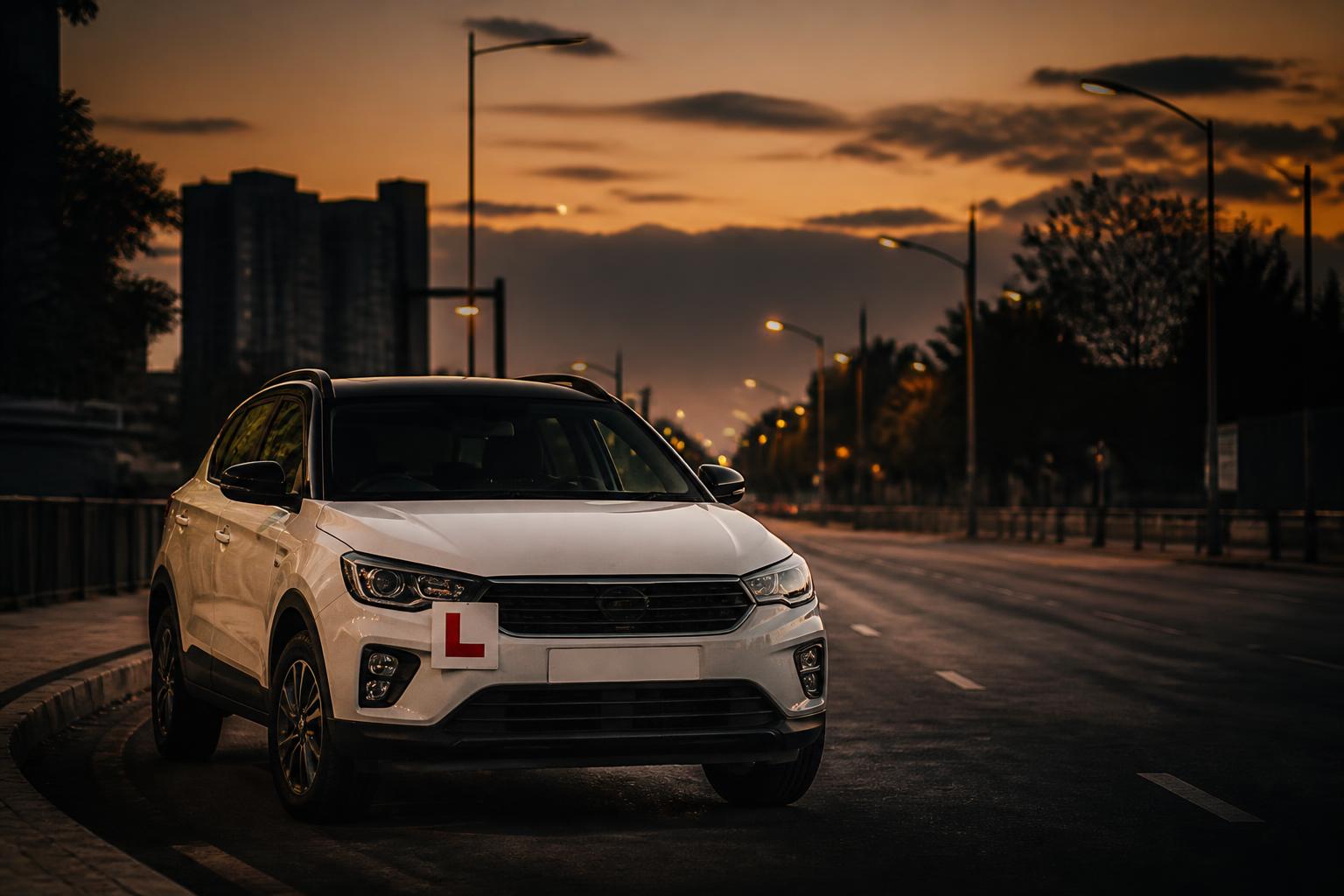 Learner car with an L plate parked on a city road at dusk